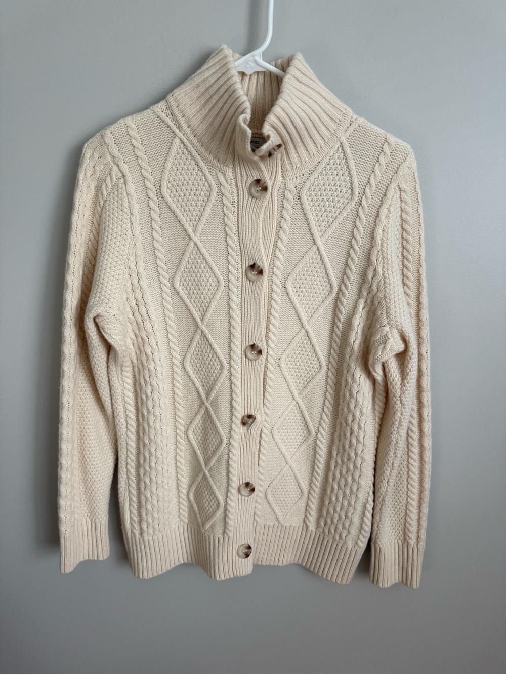 L.L. Bean large beige fisherman knit merino wool cardigan funnel neck VGUC
